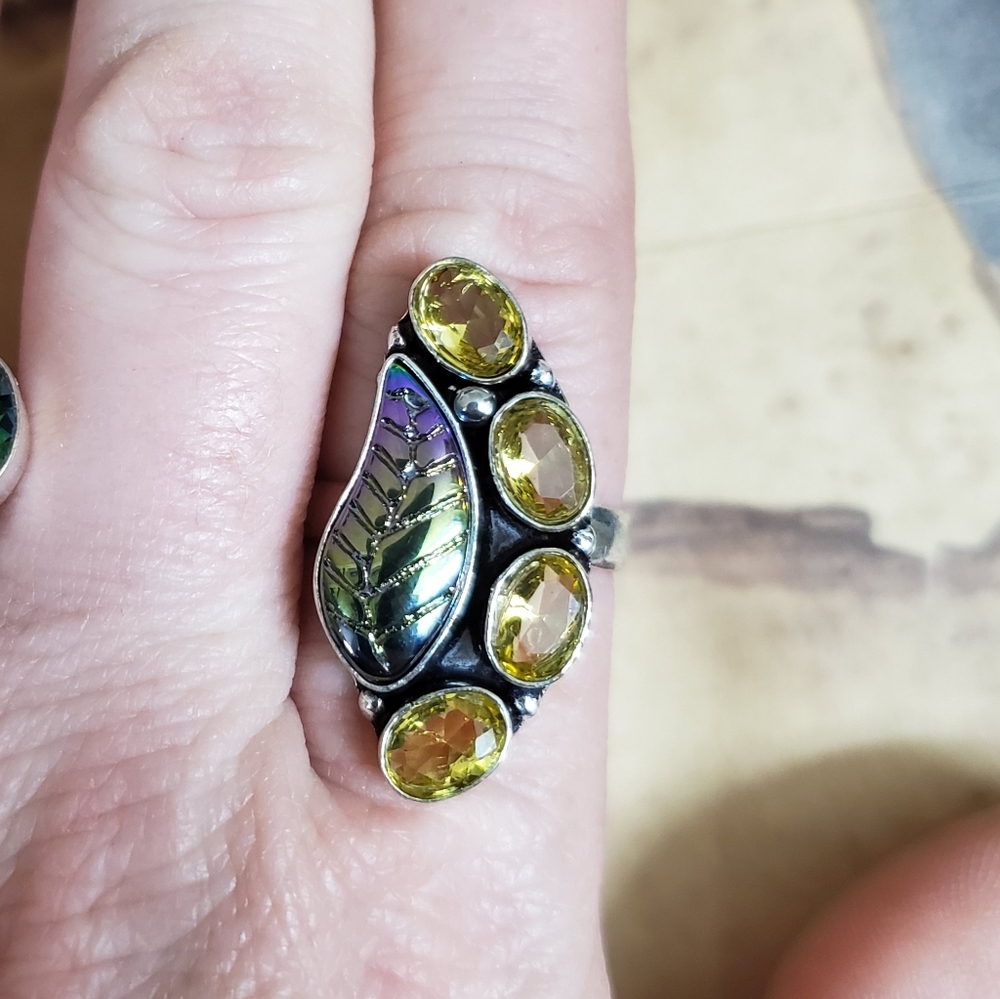 New Carved Rainbow Hematite & Citrine 925 Silver Ring.